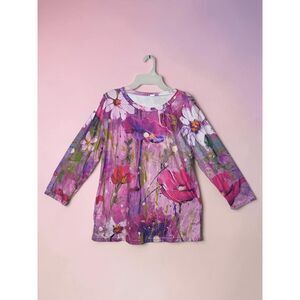 Size XL Artistic Floral Watercolor Graphic Long Sleeve Top - Pink Purple White